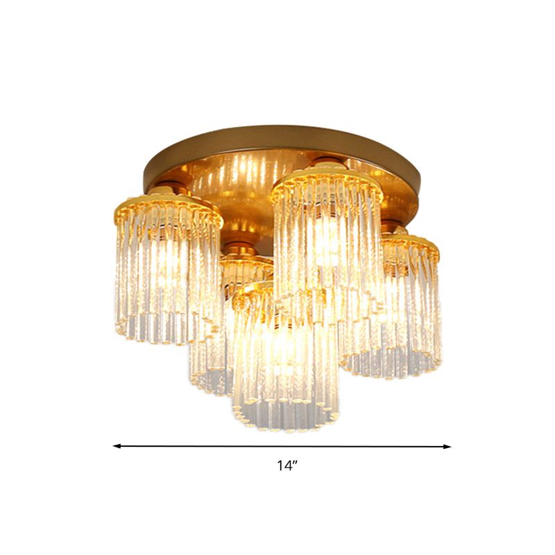 Cylinder Crystal Rod Ceiling Light Fixture Postmodern 5/10/12 Heads Brass Semi Flush Mount Lamp