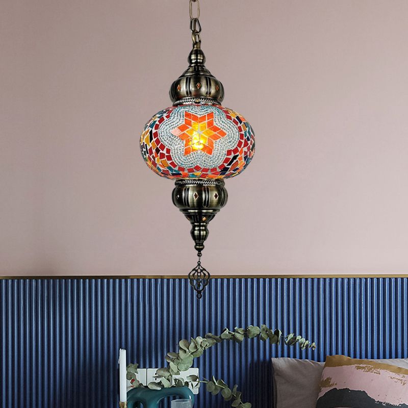 Stained Glass Oval Hanging Light Kit Traditional 1 Head Bedroom Pendant Lighting in White/Red/Orange