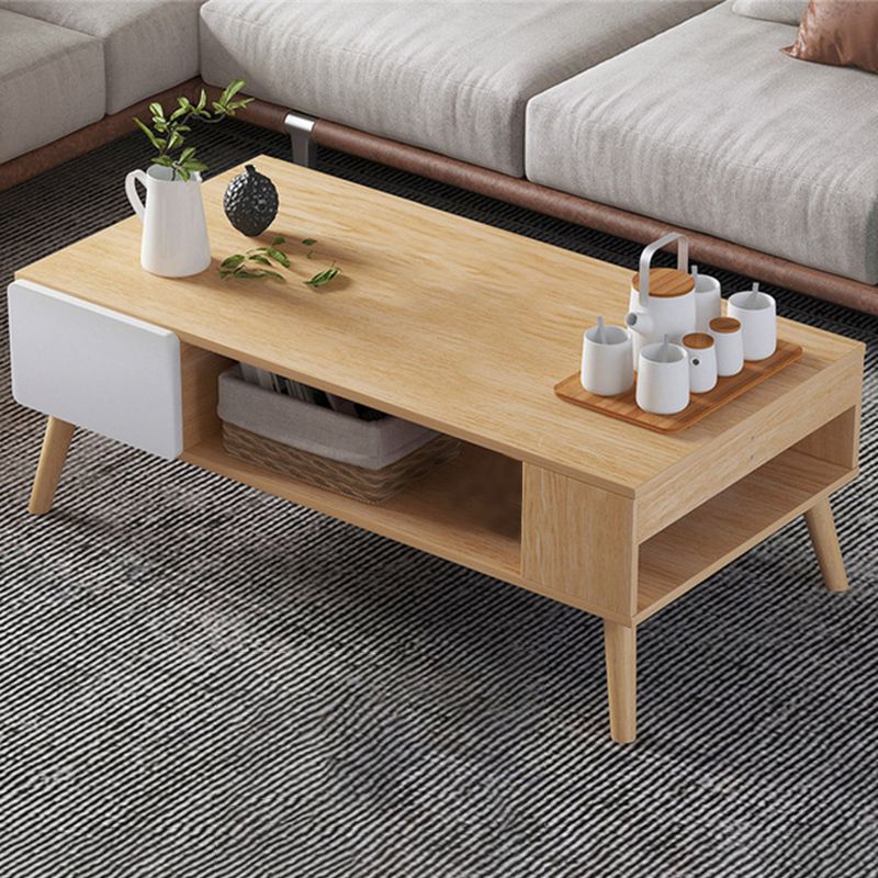 Modern Rectangle Wooden Coffee Table 4 Legs Cocktail Table with Storage