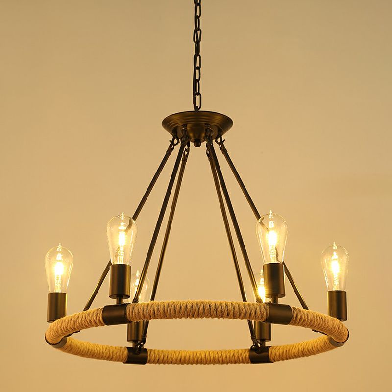 Manila Rope Chandelier Pendant Farmhouse Black Circular Restaurant Hanging Ceiling Light
