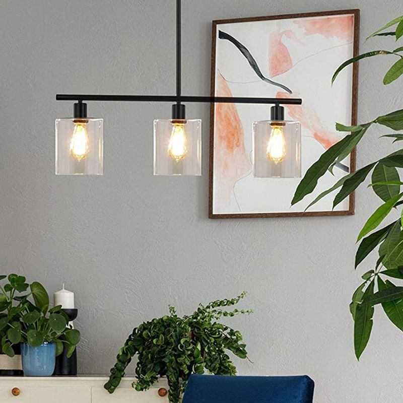 Cylindrical Glass Island Lamp Industrial 3 Lights Dining Room Hanging Lamp in Black