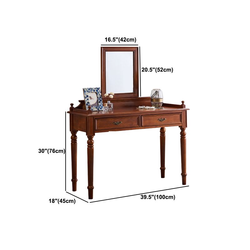 17.71" Wide Solid Wood Vanity Set with Stool Set Brown Dresser with 2-Drawer and Mirror