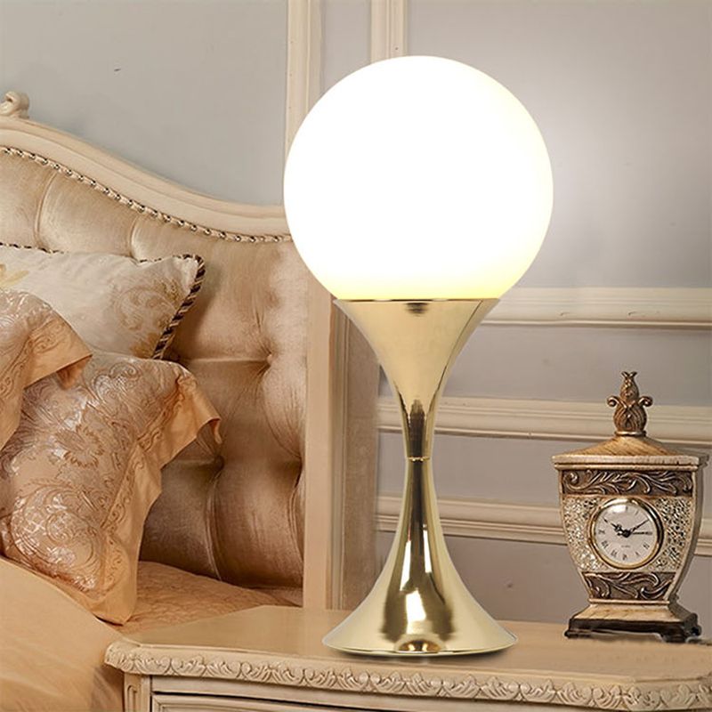 Modern Style Spherical Night Table Lamp White Glass One Light Nightstand Lamp in Gold