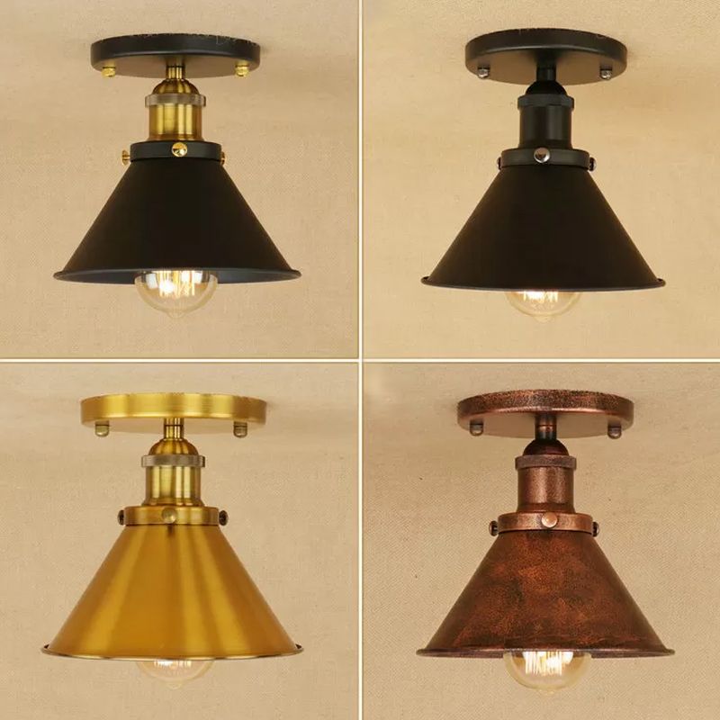 Mini plafonnier à abat-jour conique en fer industriel, 1 lumière, rouille/noir/cuivre, éclairage semi-monté