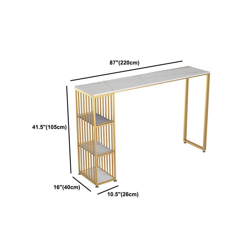 Glam Rectangle Pub Table for Living Room Glossy White Stone Top Bar Table with Storage