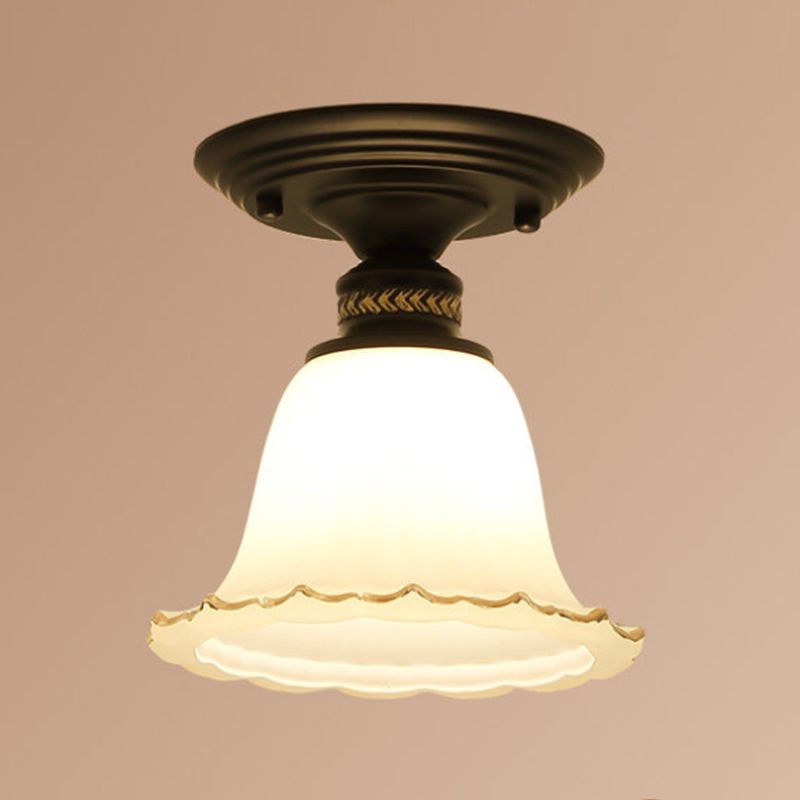 Glass Shaded Close to Ceiling Lamp Simplistic Aisle Semi-Flush Mount in Black