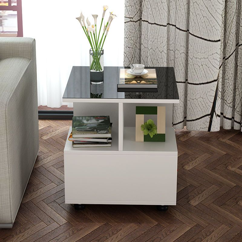 Transitional Square Glass Top End Table Portable Sofa Side Table with Shelves