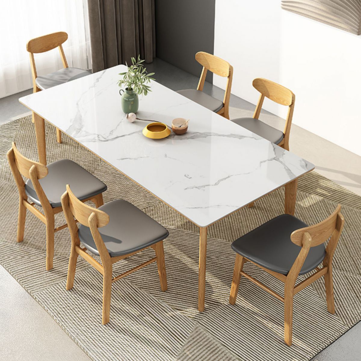 Midcentury Rectangle Dining Table Sintered Stone Table with 4 Legs Wood Base