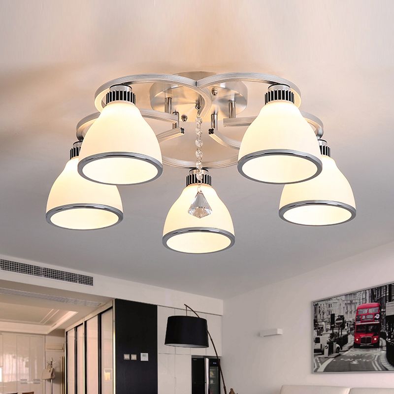 Chrome Shaded Ceiling Flush Light Minimalist Opal Glass Semi Flush Mount Fixture with Diamond Crystal