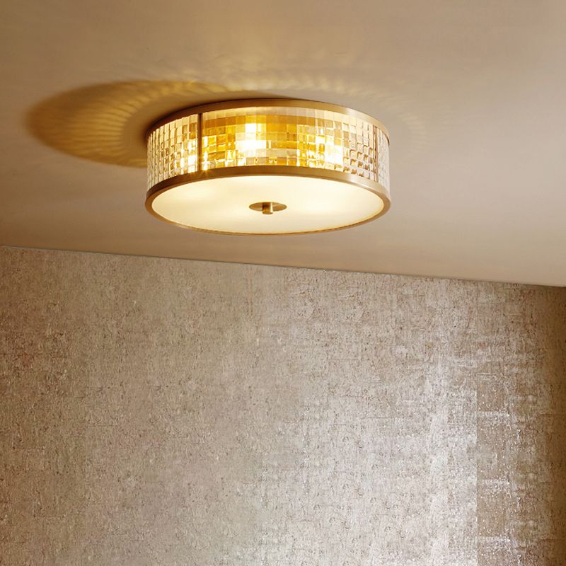 Colonical Artistic Circular Flush Mount Copper Indoor Ceiling Light with Glass Shade