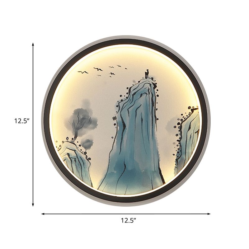 Blue Mount Tai Drawing Mural Lamp Chinese Aluminum LED Circular Sconce Lighting Fixture
