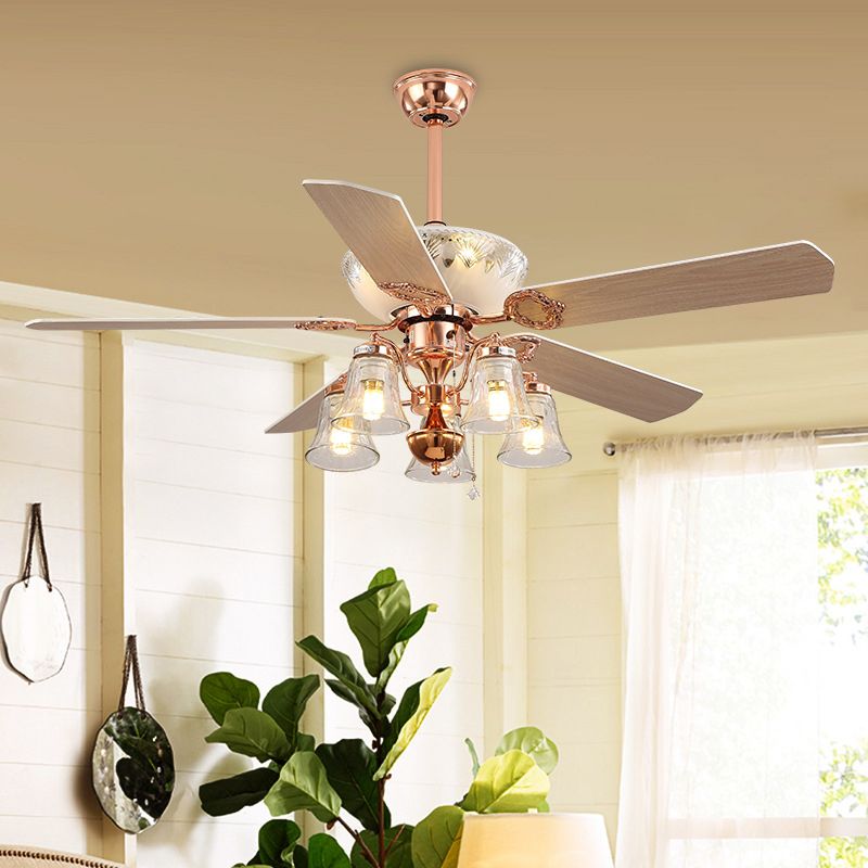 5 Lights Clear Glass Ceiling Fan Light Classic Rose Gold Bell Bedroom Semi Flush Mount