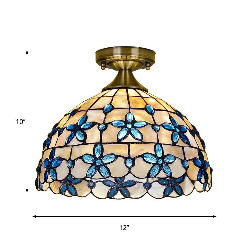 Dôme en laiton près du plafonnier Tiffany 5"/8"/12" de large, éclairage encastré à 1 tête avec bijoux floraux bleus