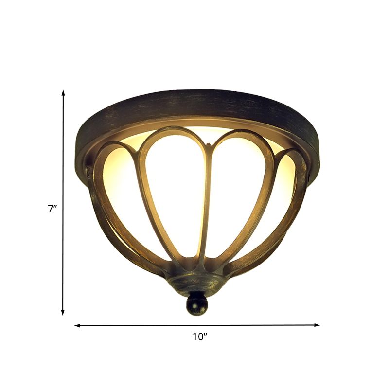 LED Ceiling Light Fixture Rustic Bowl Cream Glass Flush Mount Lamp in Black with Metal Cage