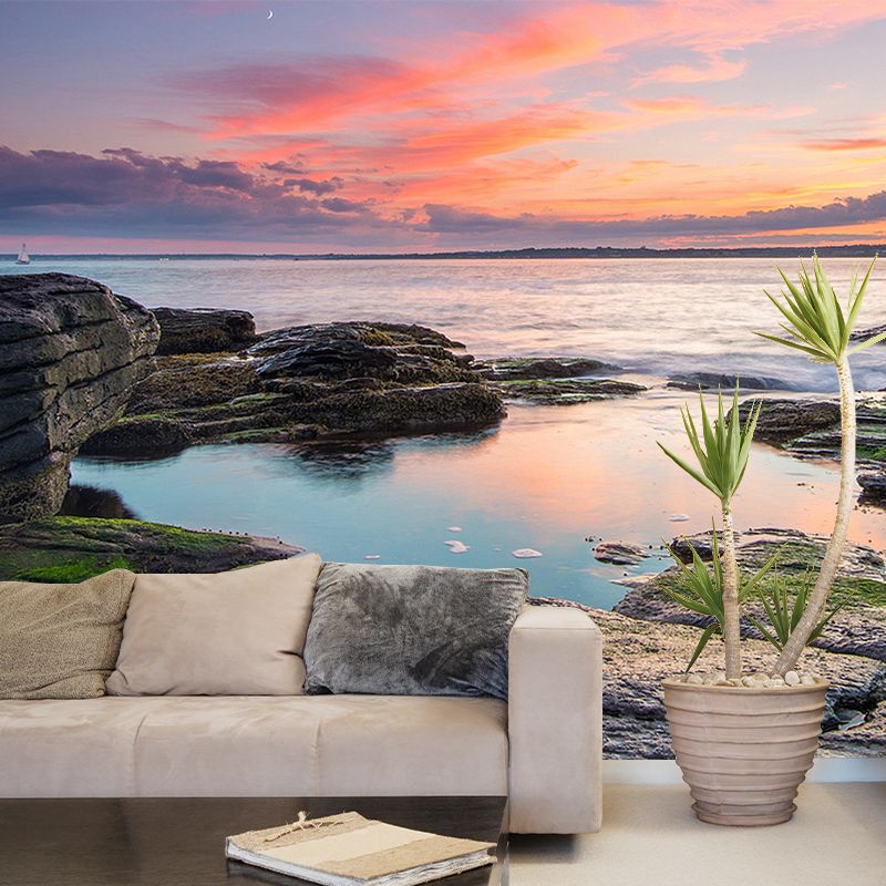 Sunset River Shore Scene Mural Decal Modern Non-Woven Material Wall Decor in Orange