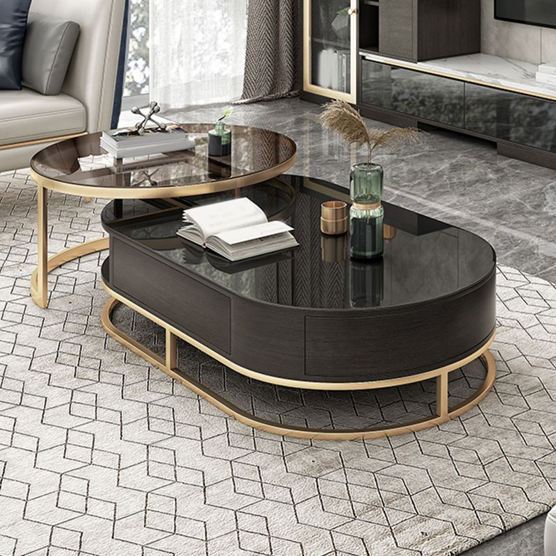 Frame Oval Coffee Table Glam Nesting Coffee Table Set with Drawer