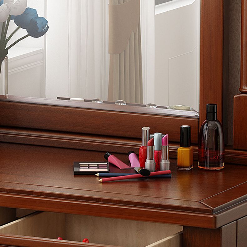 2-Drawer Solid Wood Mirrored Wood Makeup Dressing Table Stool