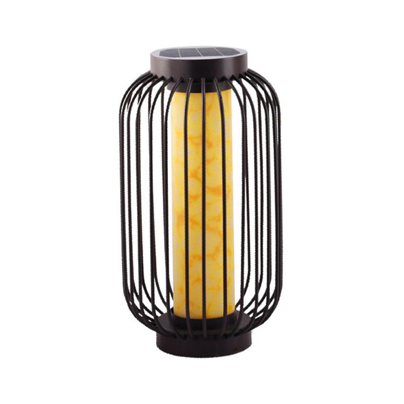 Contemporary Birdcage Outdoor Solar Pillar Lamp in Black for Courtyard