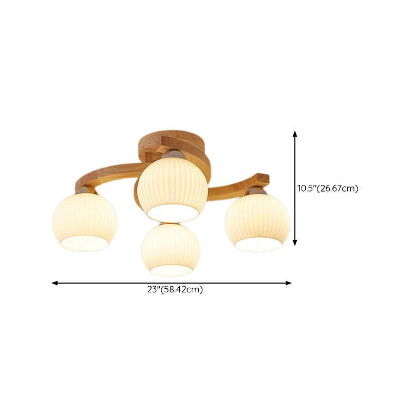Modern Style Ceiling Mount Light Wooden Spherical with Glass Shade for Bedroom