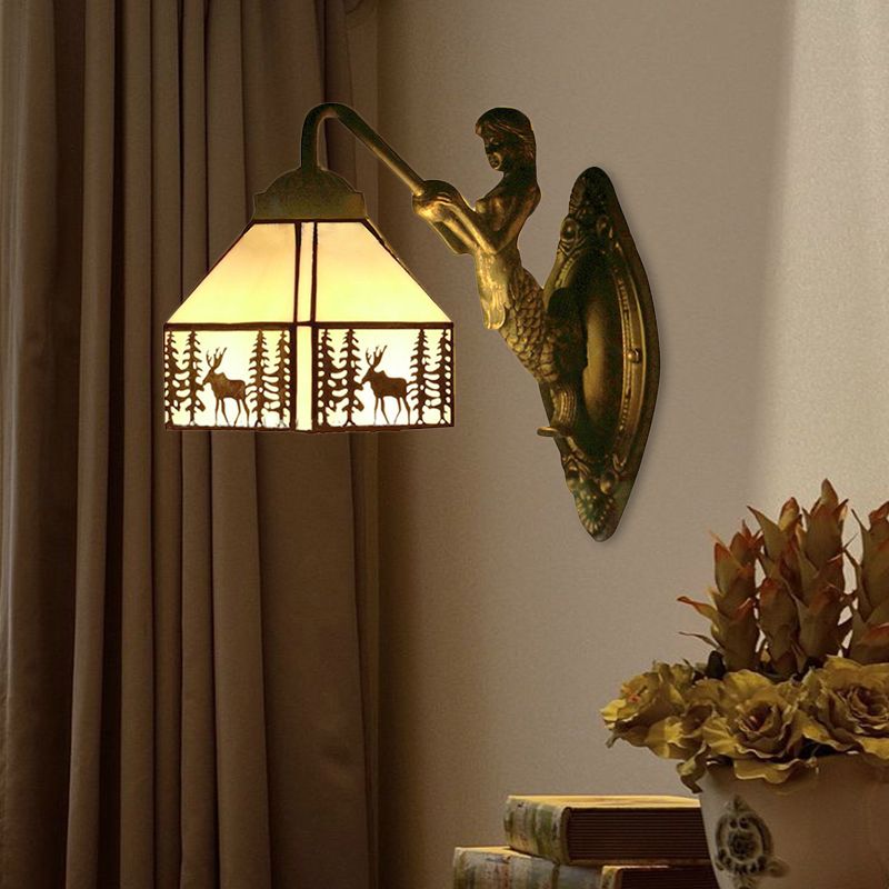 Small House Wall Mount Light Retro Stained Glass 1 Light Wall Lighting with Mermaid Decoration