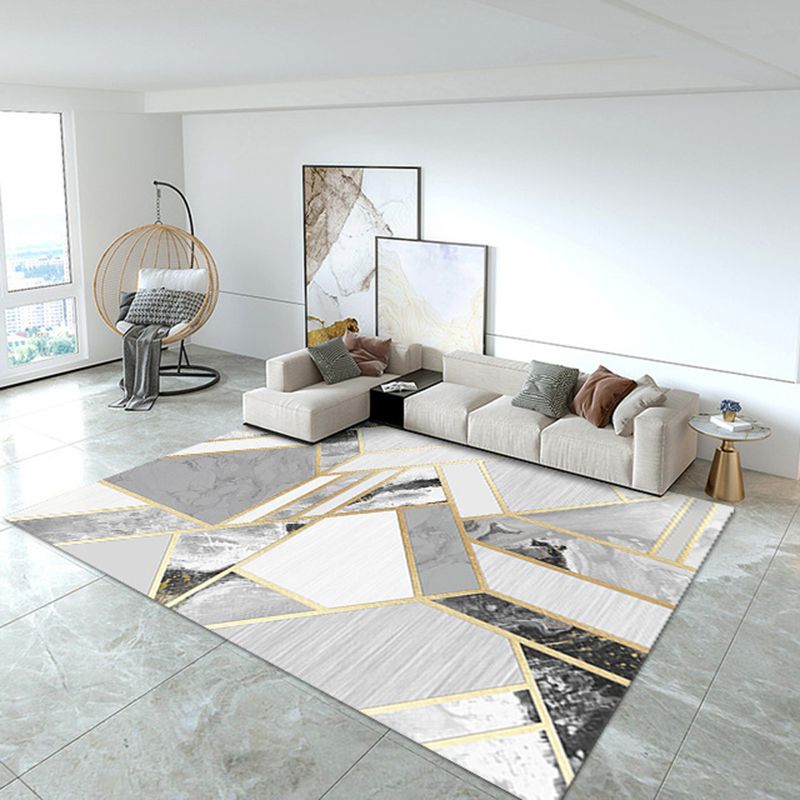 White Geometric Carpet Polyester Modern Carpet Washable Carpet for Living Room