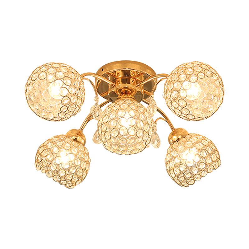 5 Heads Semi Flush Mount with Spherical Crystal Traditional Bedchamber Ceiling Mount