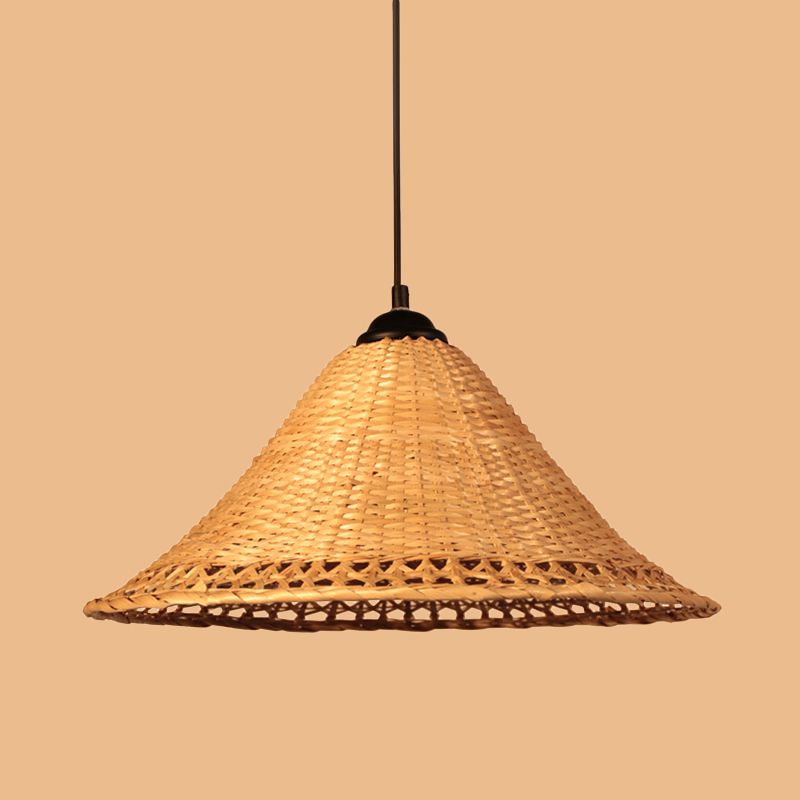 Asia Cone Hat Hanging Light Bamboo 1-Light Dining Room Ceiling Pendant Lamp in Brown