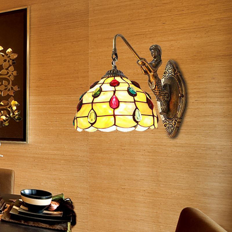 Beaded Sconce Light Fixture Tiffany Beige Glass 1 Head Brass Wall Mount Light with Mermaid Backplate