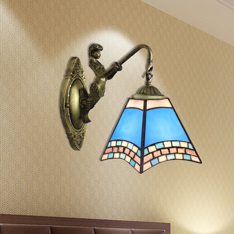 Mediterranean Pyramid Wall Light Fixture 1 Head Blue Glass Sconce Light with Mermaid Backplate