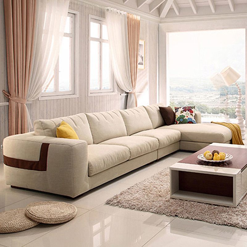 Modern Cotton Stationary Sofa 4-seat Square Arm Sofa & Chaise