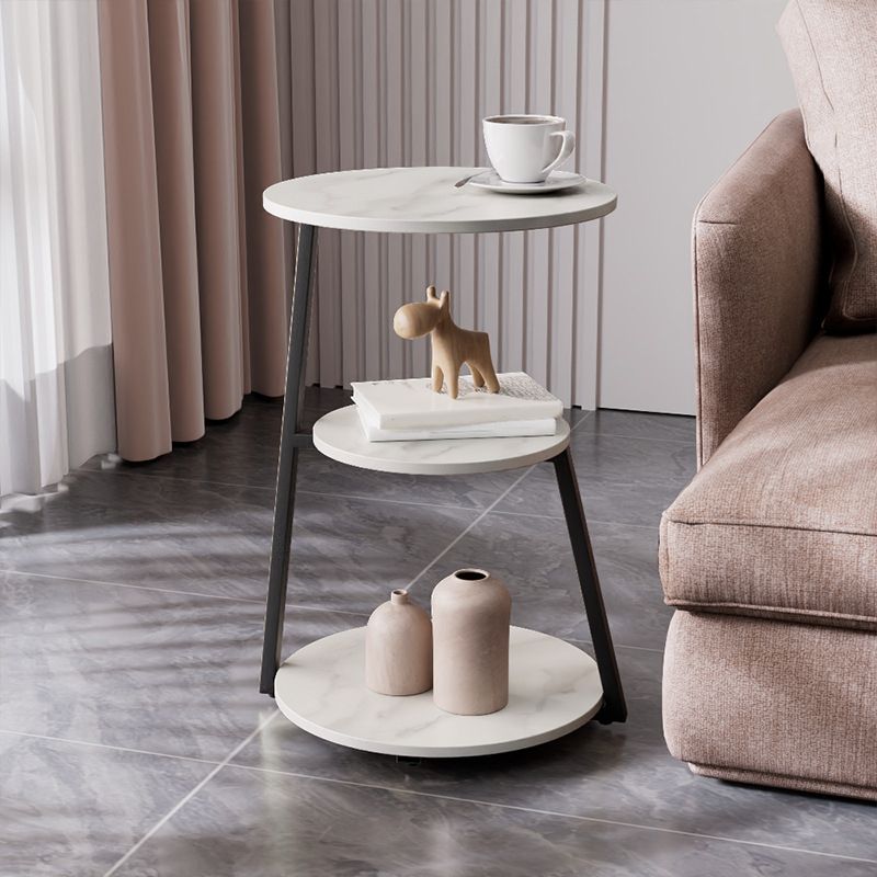 Glam Metal Side Table with Shelves Round Stone Top Accent Side Table