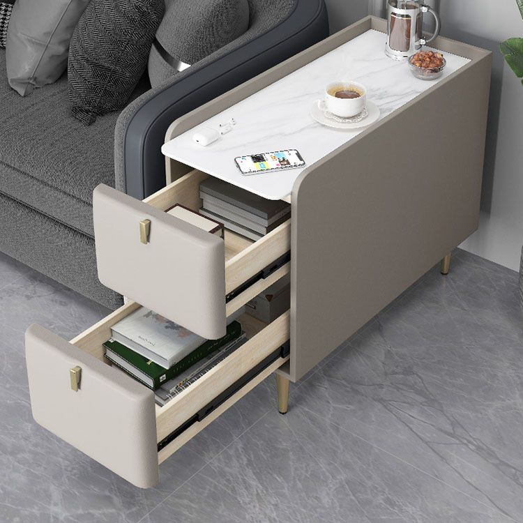 Modern Rectangle Slate Top Side Table 23.6" Tall Metal 4 Legs End Table with 2 Drawers