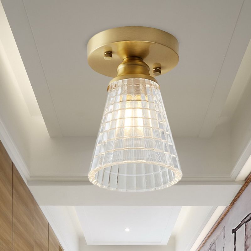 Single Bulb Semi Flush Mount Industrial Cone Clear Textured Glass Ceiling Light in Brass for Living Room