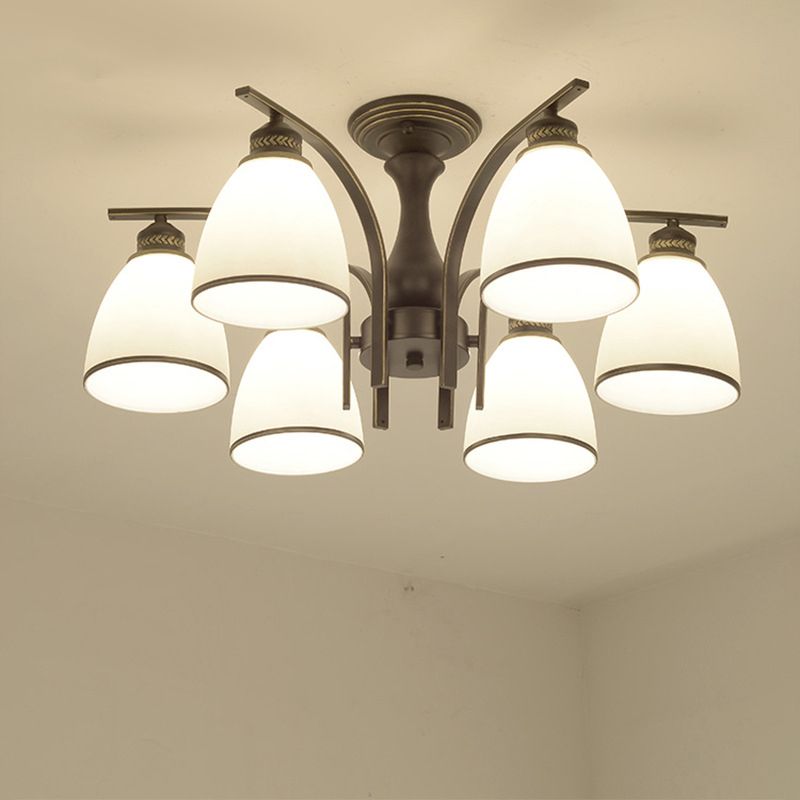 Black Radial Ceiling Light in Traditional Retro Style Wrought Iron Semi Flush Mount with Glass Shade
