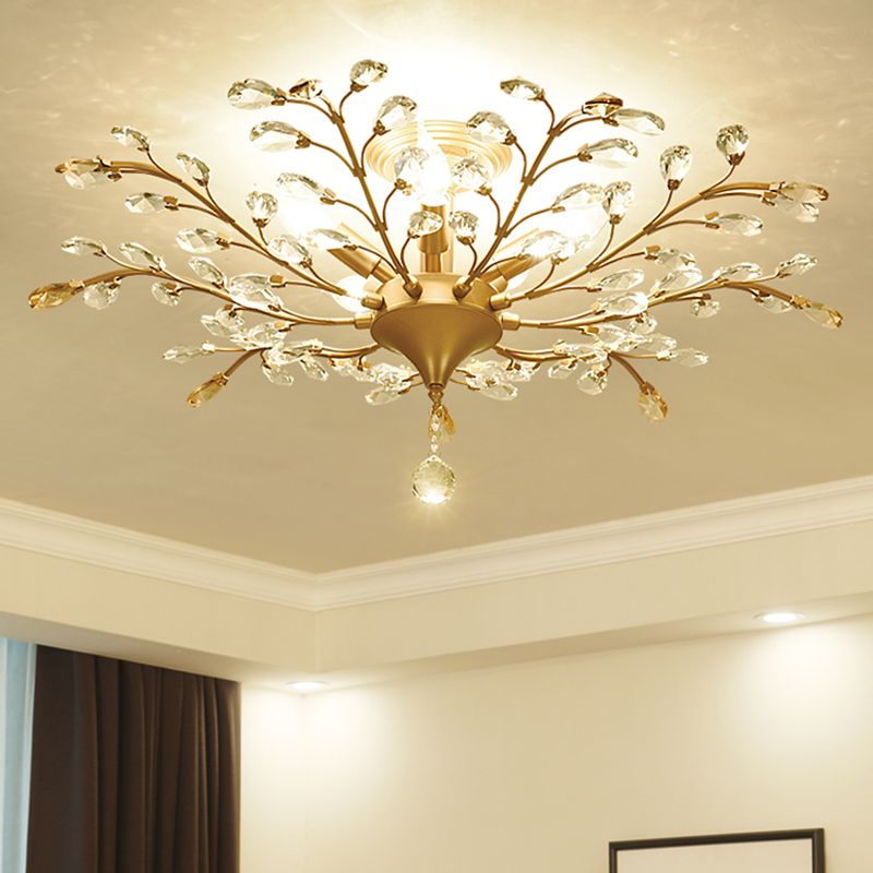 Unique Shape Crystal Flush Light Modern Style Multi Lights Flush Mount Fixture in Brass