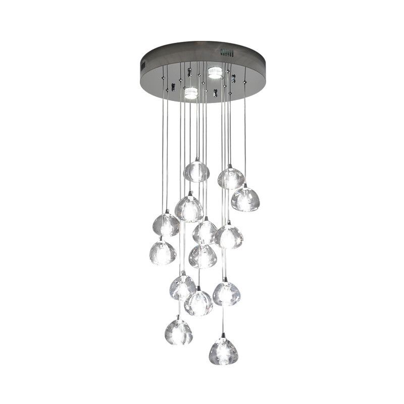 Silver 14 Bulbs LED Ceiling Light Modernism Clear Concave Glass Meteor Shower Cluster Pendant Lamp