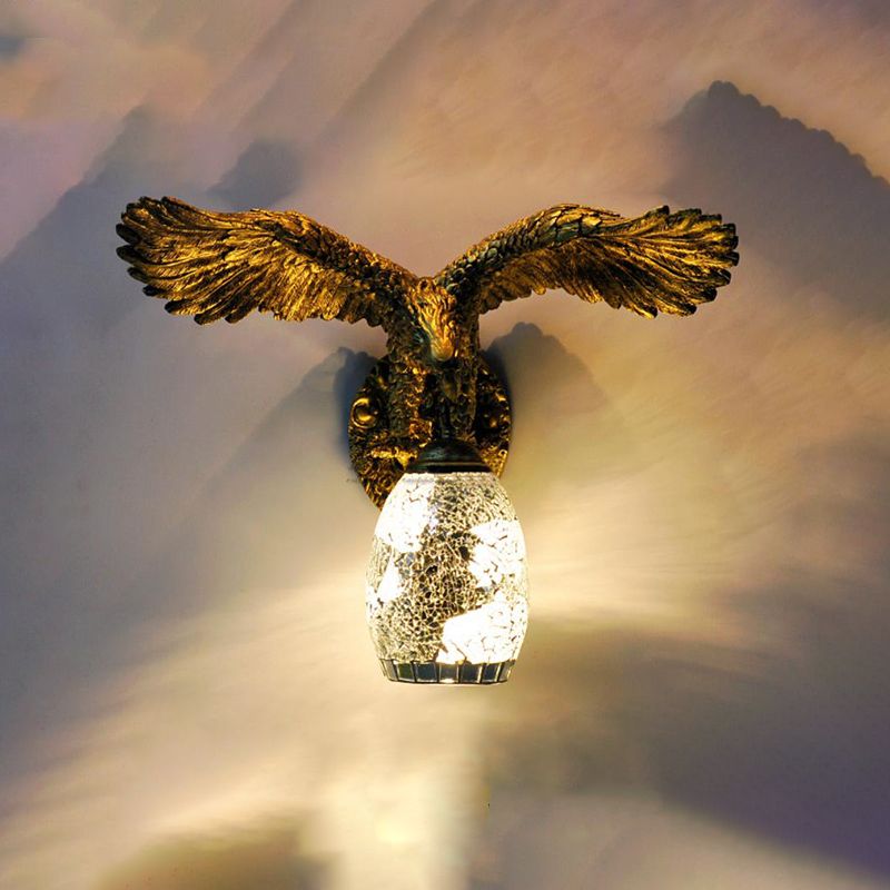 1 Light Balcony Wall Mount Fixture Tiffany Brass Sconce with Elongated Dome Silver/Red/Yellow Stained Glass Shade