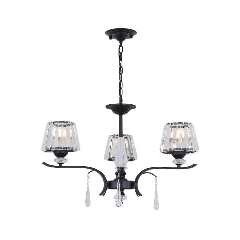 Beveled Crystal Conical Chandelier Simple 3 Lights Ceiling Suspension Lamp with Droplet in Black