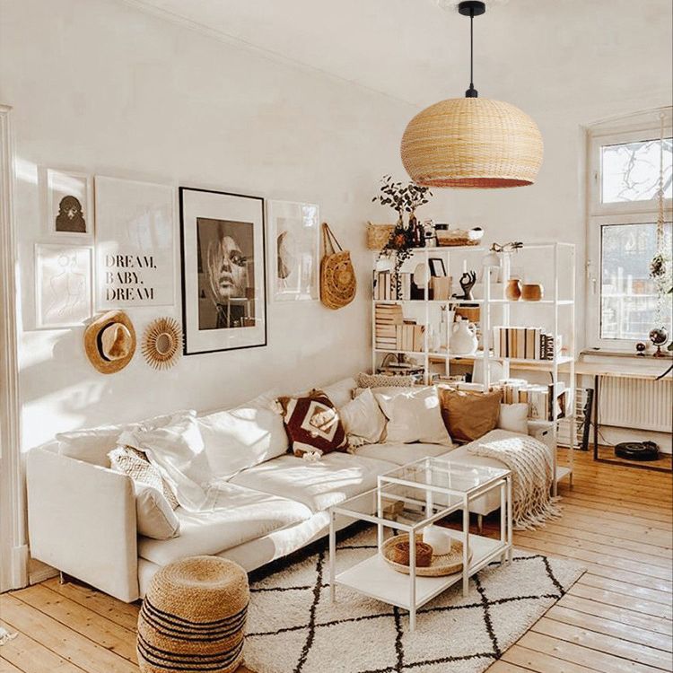 Hand-worked Natural Bamboo Drop Lamp Minimalist 1-Light Beige Pendant Light for Bedroom