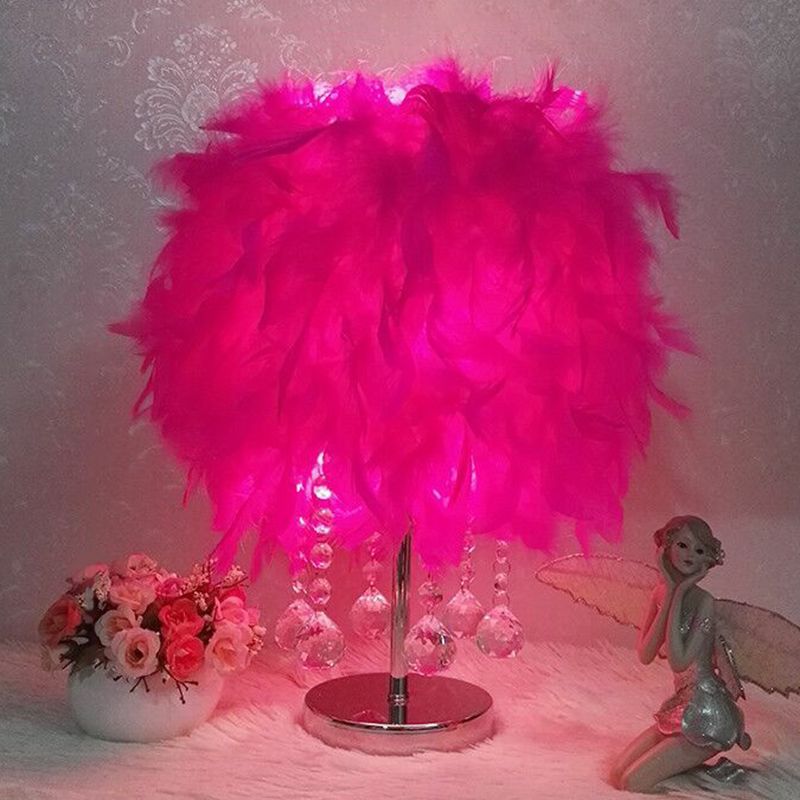 Lámpara de la mesita de noche cilíndrica Luz de mesa de dormitorio de plumas de estilo moderno con goteo de cristal