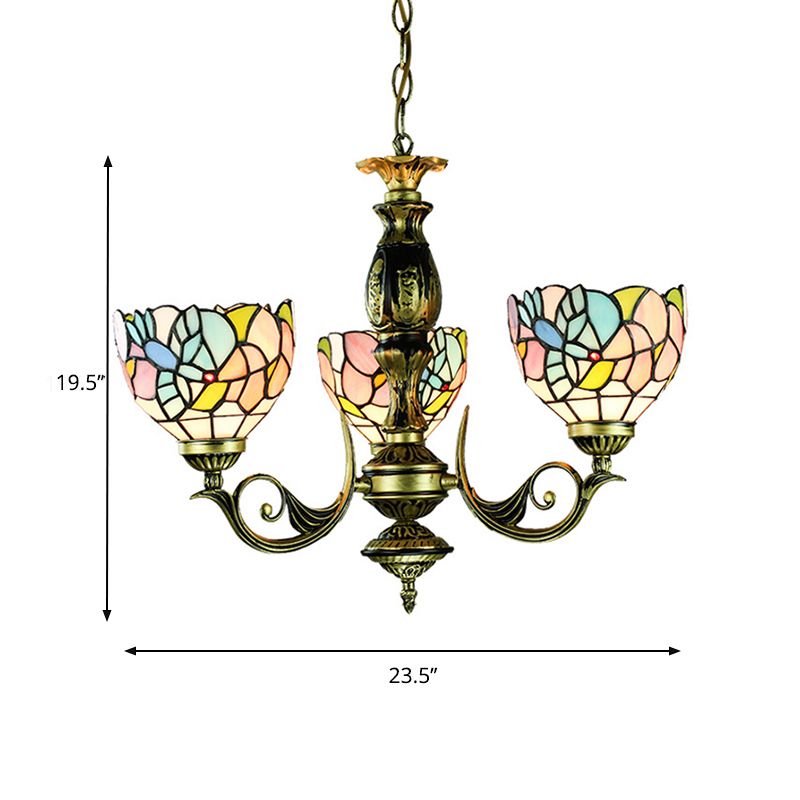 Lámpara colgante de vidrieras con pantalla de cuenco, iluminación de araña rústica de 3 luces en multicolor