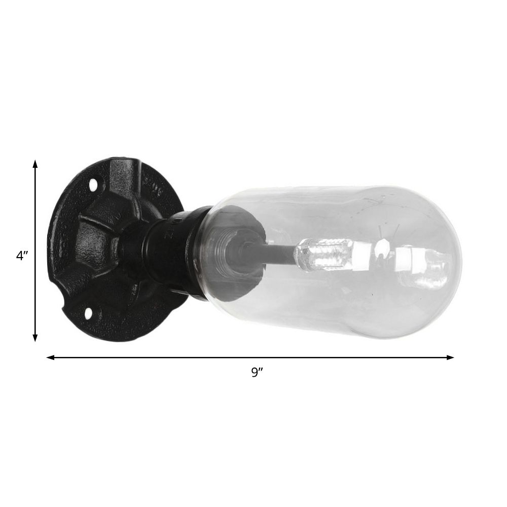1 Light Wall Lamp Lighting Industrial Capsule Clear Glass Sconce Light Fixture in Black with Pipe Design