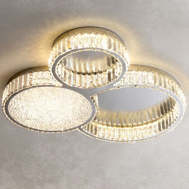 Plafonnier LED argenté en cristal dans un style de luxe moderne, plafonnier circulaire en acier inoxydable