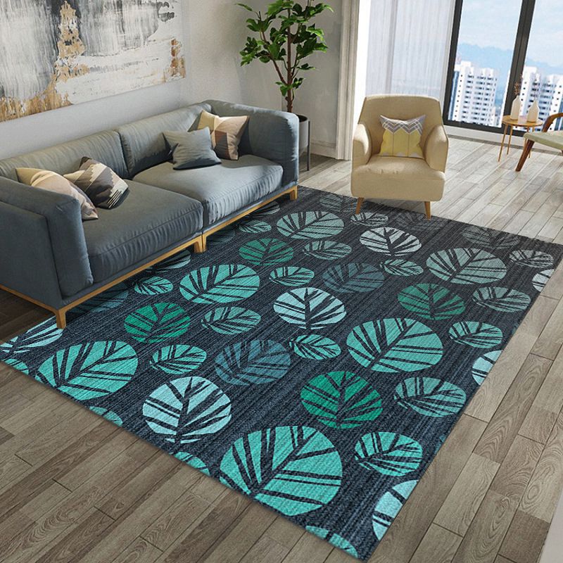 Simple Modern Rug in Green and White Botanical Leaf Peacock Feather Pattern Rug Polyester Washable Carpet for Home Decor