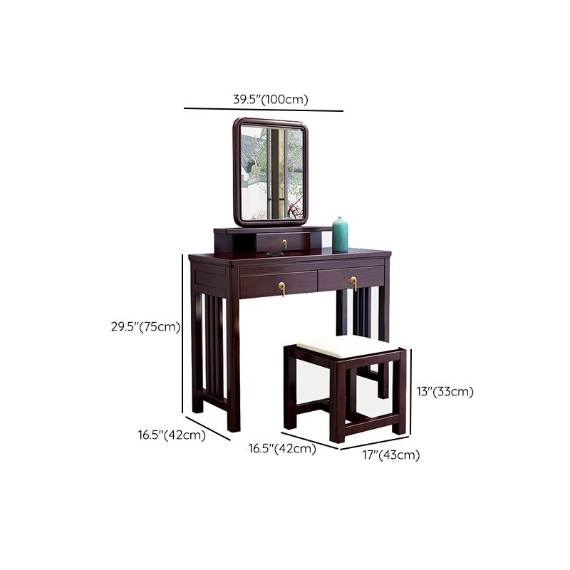 Traditional Mirrored Vanity Set Solid Wood Dressing Table with Stool in Brown