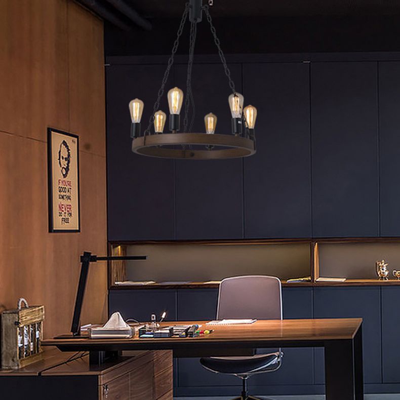 Antique Wood Hanging Pendant Lights Industrial 6-Lights Hanging Lights for Bar