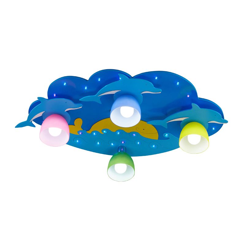 Cartoon Shape Wooden Ceiling Mounted Lamp Kids Style Blue Semi Flush Mount Lighting for Nursery