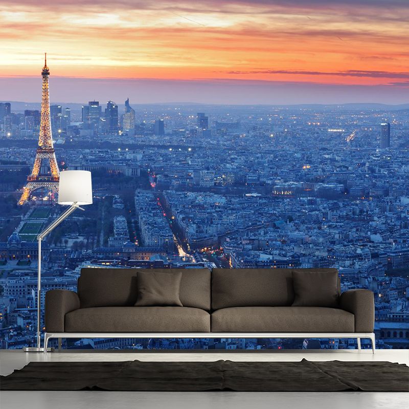 Urban Night City View Mural Bright Stain Resistant Wall Covering for Living Room
