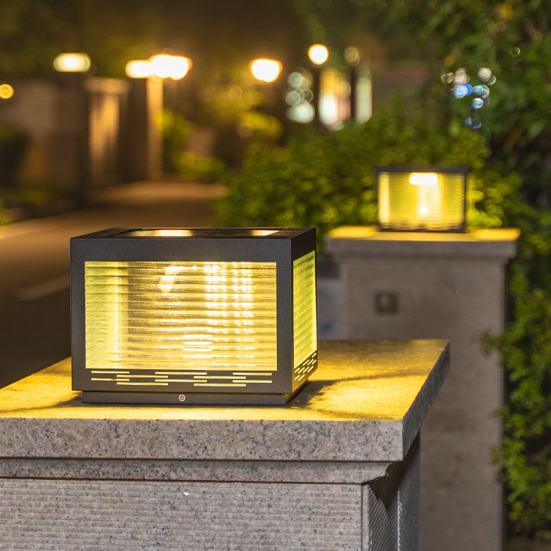 Square Shape Metal Outdoor Light Modern Style 1-Light Solar Pillar Lights in Black