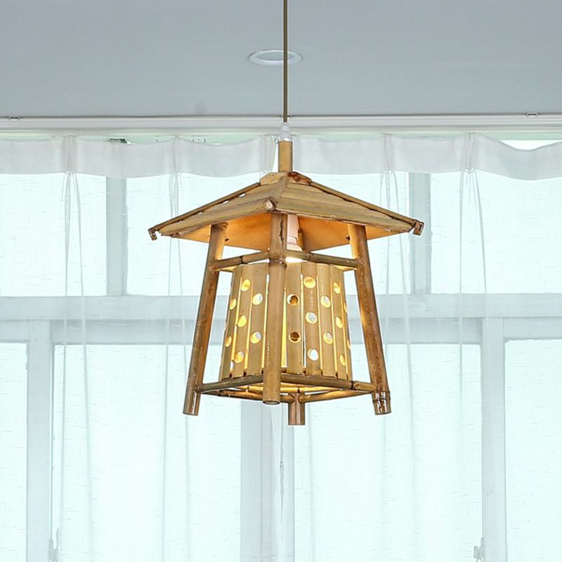 Japanese Pavilion Pendant Lighting Bamboo 1-Light Tea Room Hanging Ceiling Light in Wood